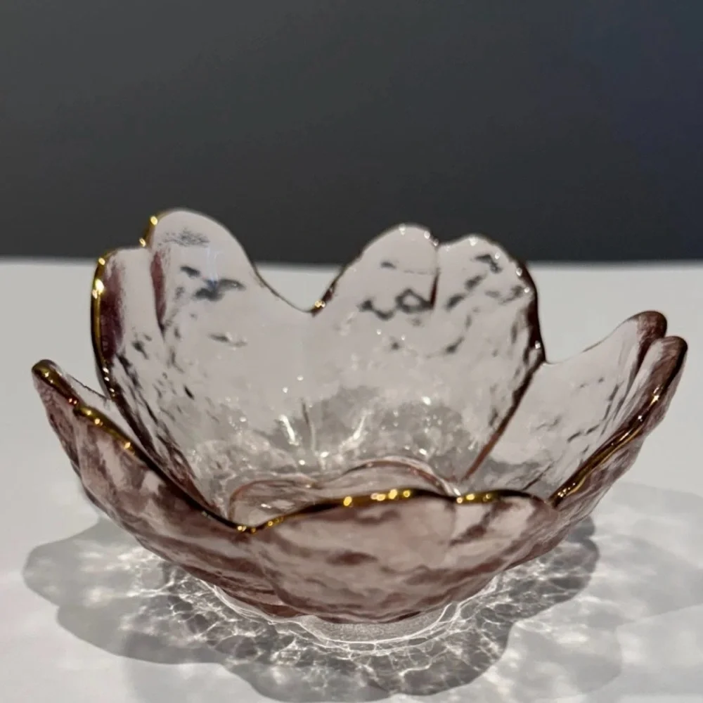 Pink Glass Flower Ring Dish Gold Rim Jewelry Trinket Bowl Vanity Decor NEW